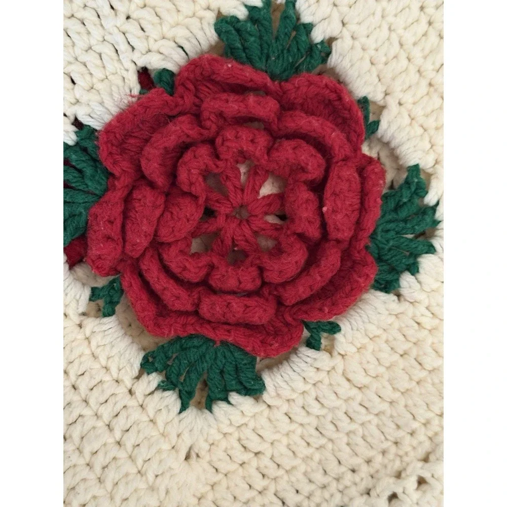 Vtg Granny Square Crochet Afghan Quilt Blanket 3D Rose 72